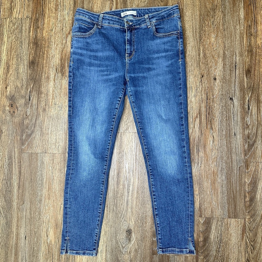 Zara Womens Skinny Jeans Size 14 Medium Wash Blue Ankle Slit Stretch Denim
